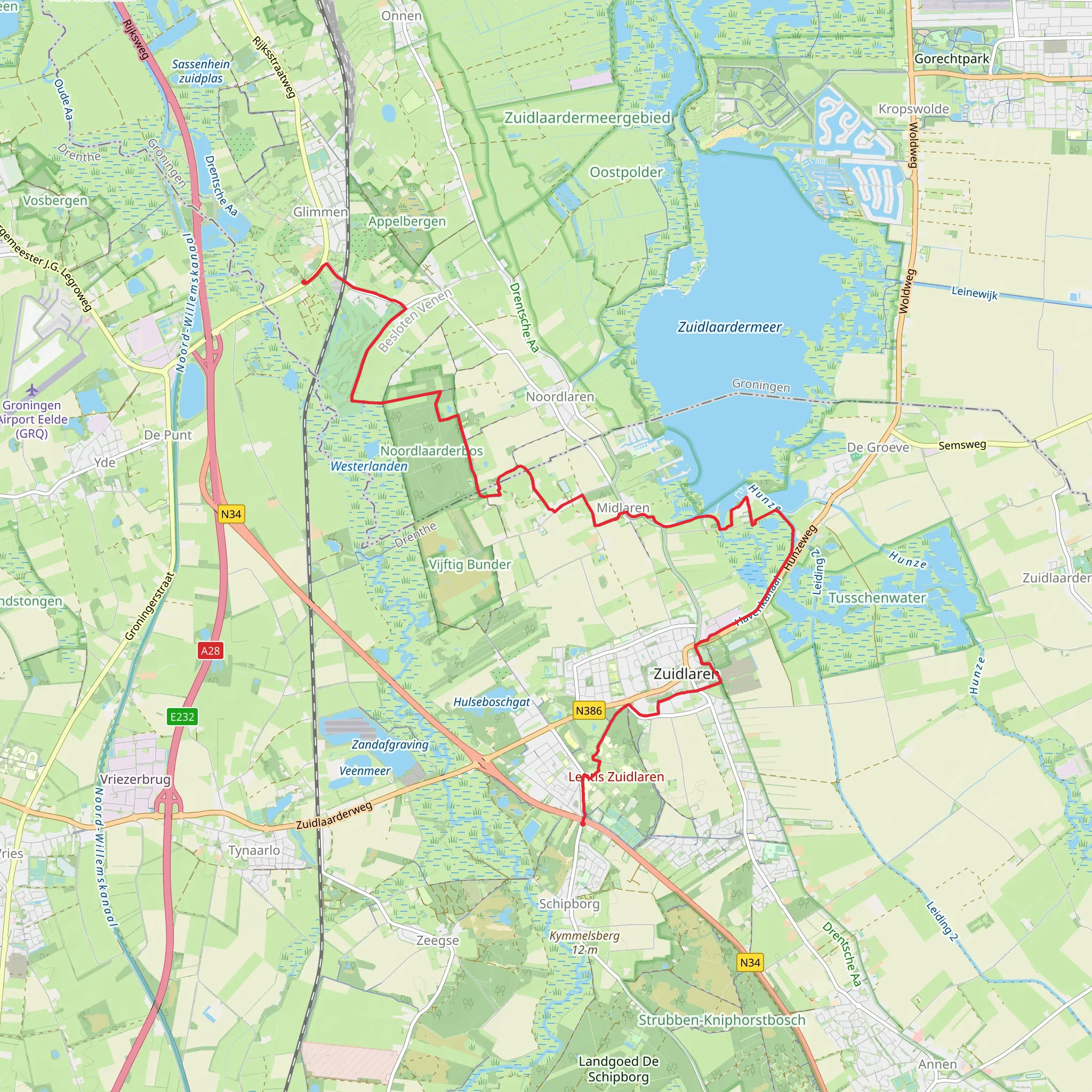 Westlaren to De Bongerd via Zuidlaardermeer mobile static map