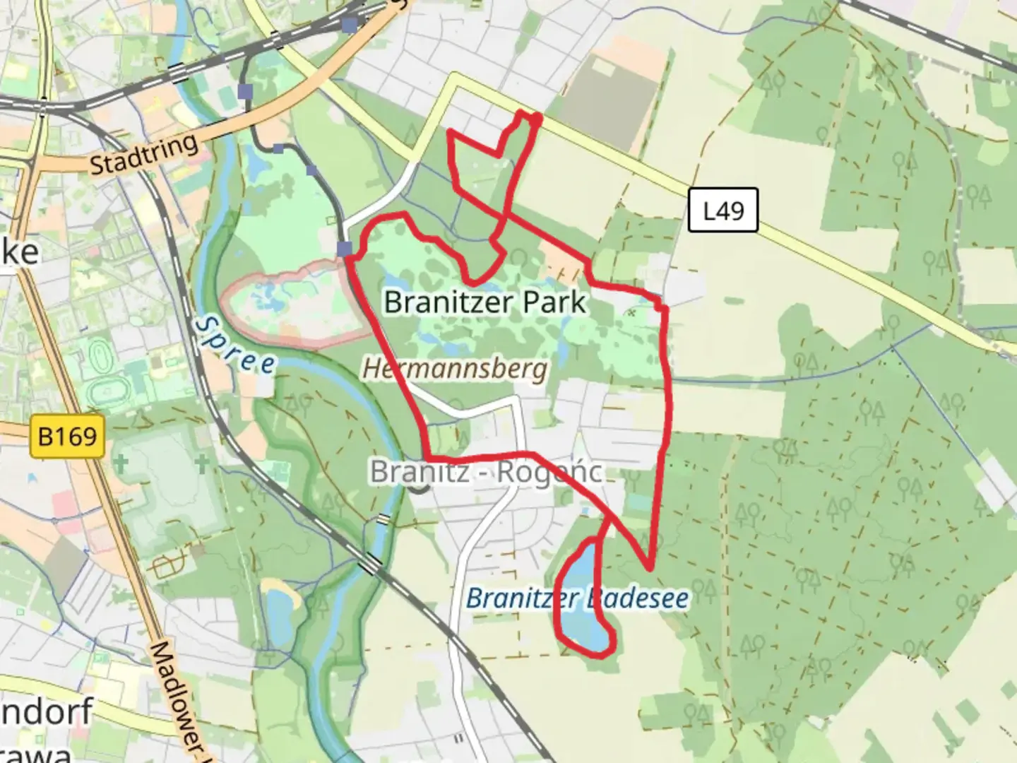 An image depicting the trail Branitzer Park and Branitzer Badesee Loop and its surrounding area.