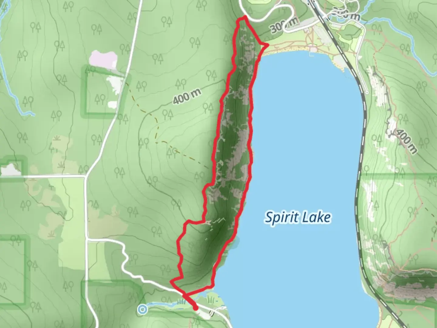 An image depicting the trail Spirit Lake via Tumbled Rocks Trail and its surrounding area.