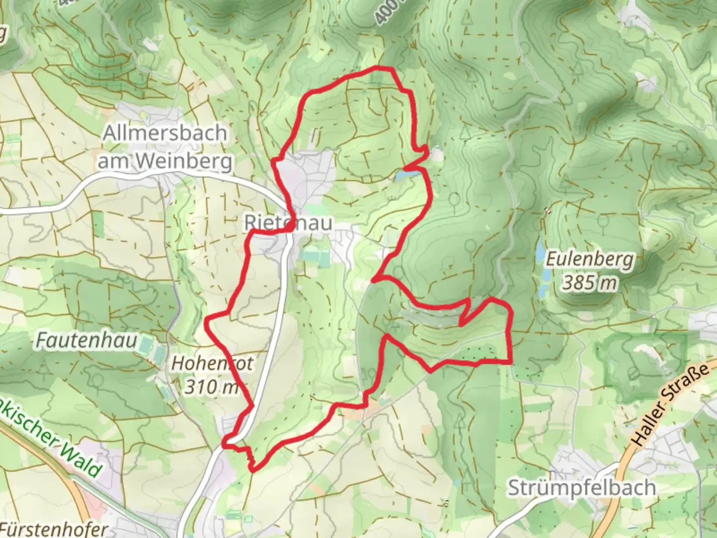 An image depicting the trail Vorderer Berg and Erlenhau Loop and its surrounding area.