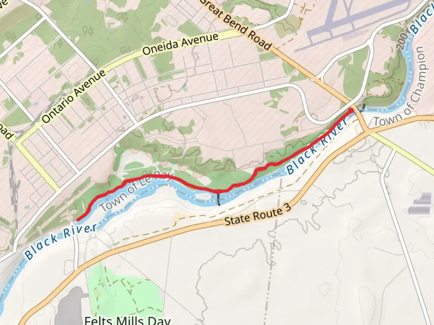 An image depicting the trail Great Bend to Felts Mills Trail and its surrounding area.
