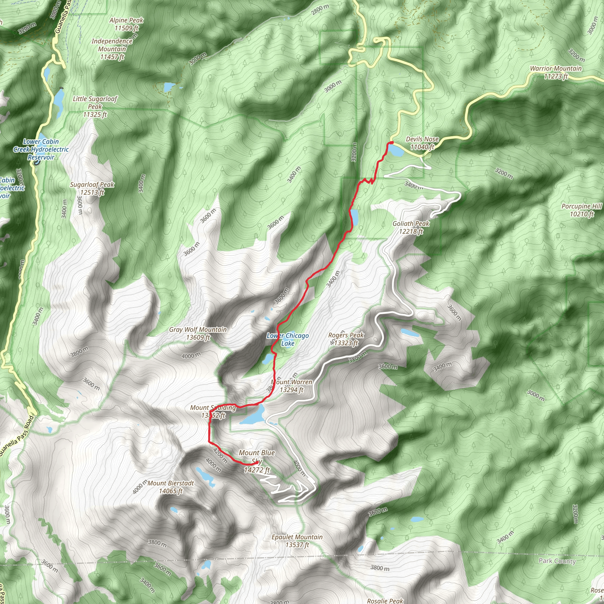 Mount Evans and Mount Spalding via Chicago Lakes Trail mobile static map
