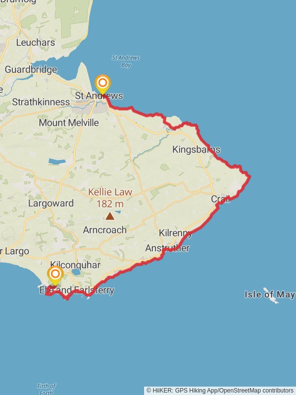 Map of Shell Bay to St Andrews via Fife Coast Path, Fife