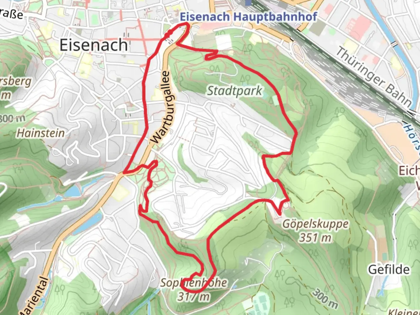 An image depicting the trail Stadtpark, Burschenschaftsdenkmal and Sophienhöhe Loop and its surrounding area.