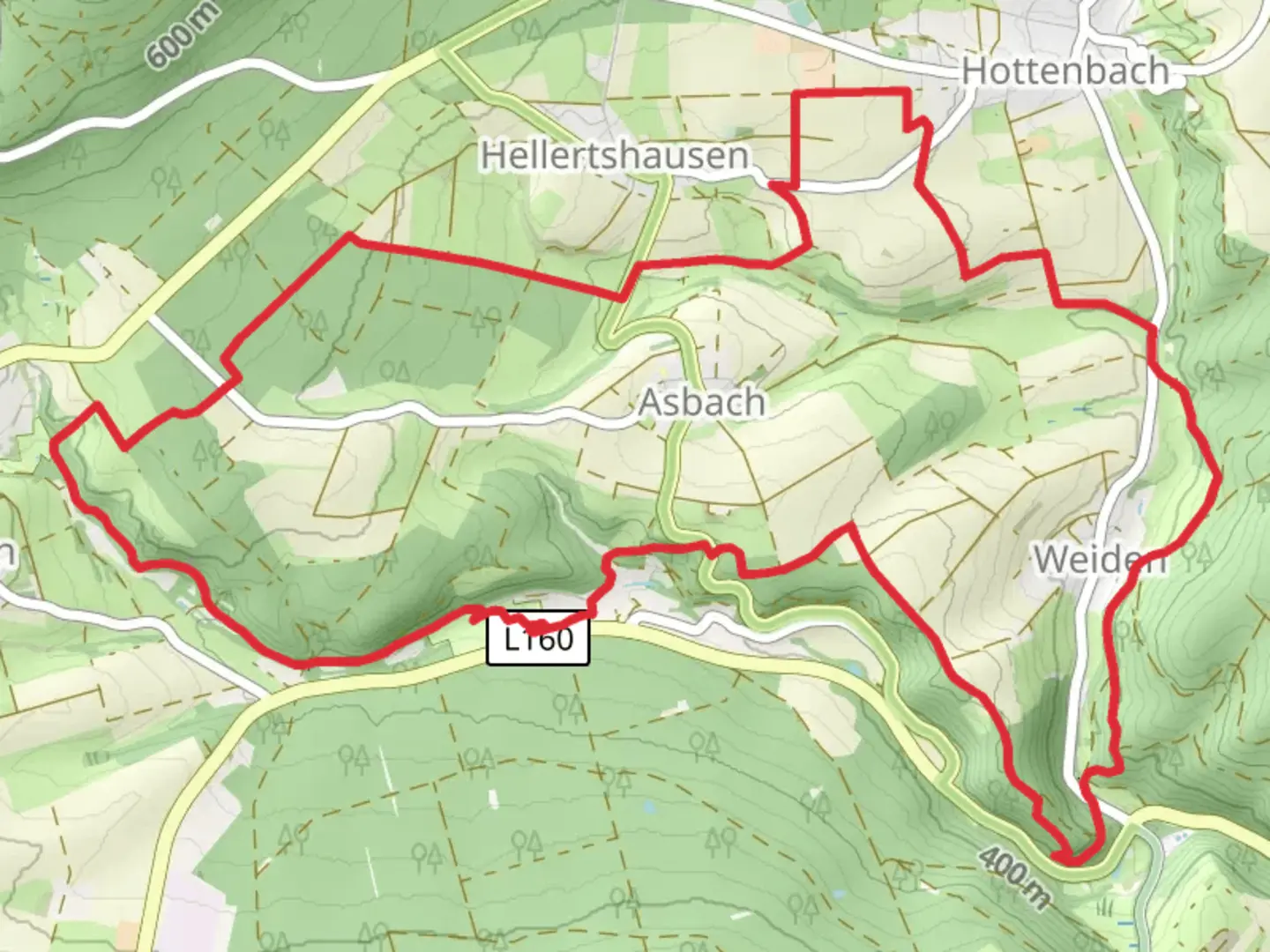 An image depicting the trail Asbach Loop and its surrounding area.