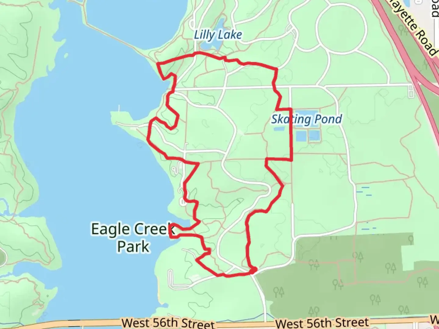 An image depicting the trail Eagle Creek Park via Red Trail and its surrounding area.
