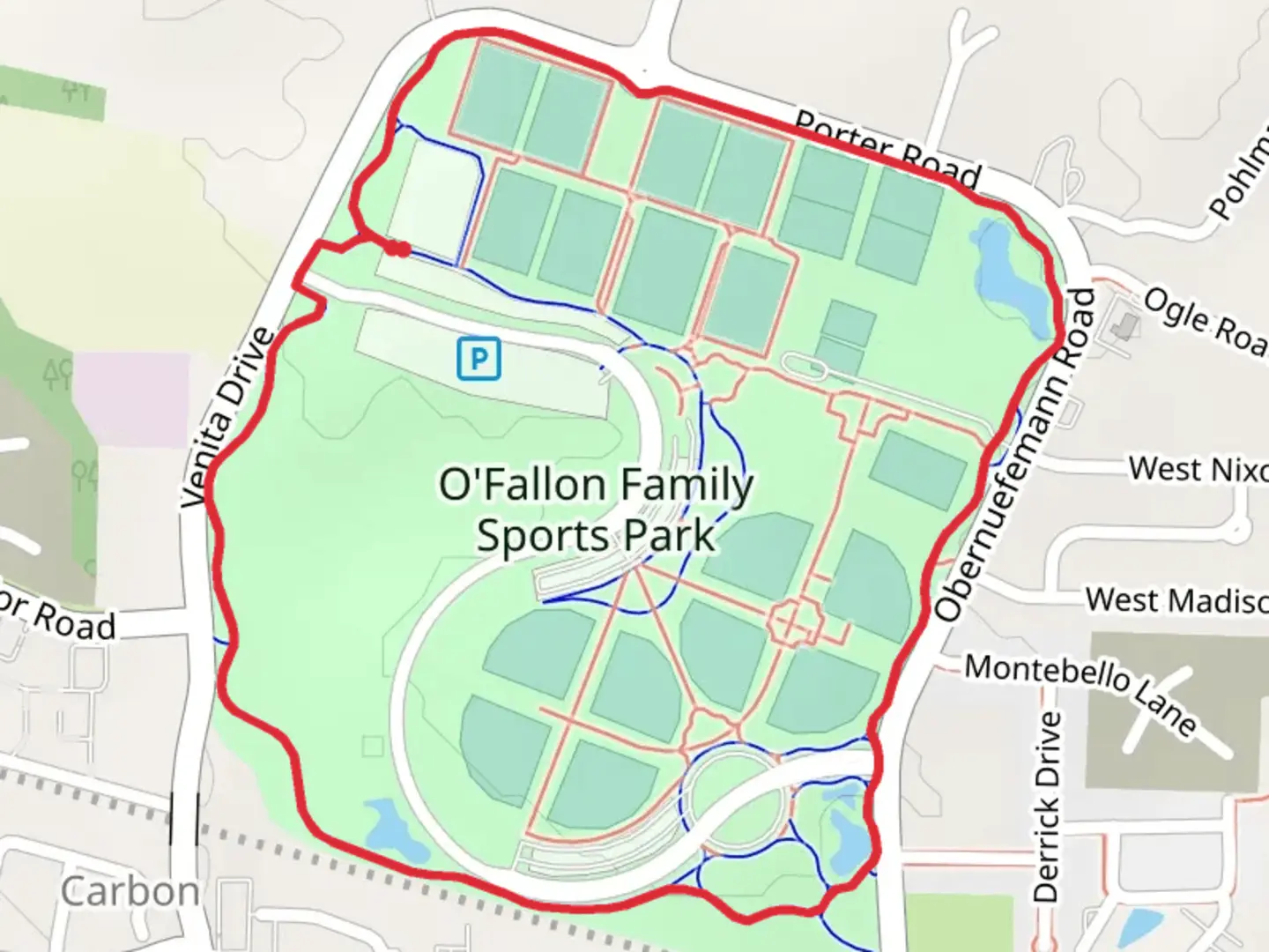 An image depicting the trail O'Fallon Family Sports Park Loop and its surrounding area.