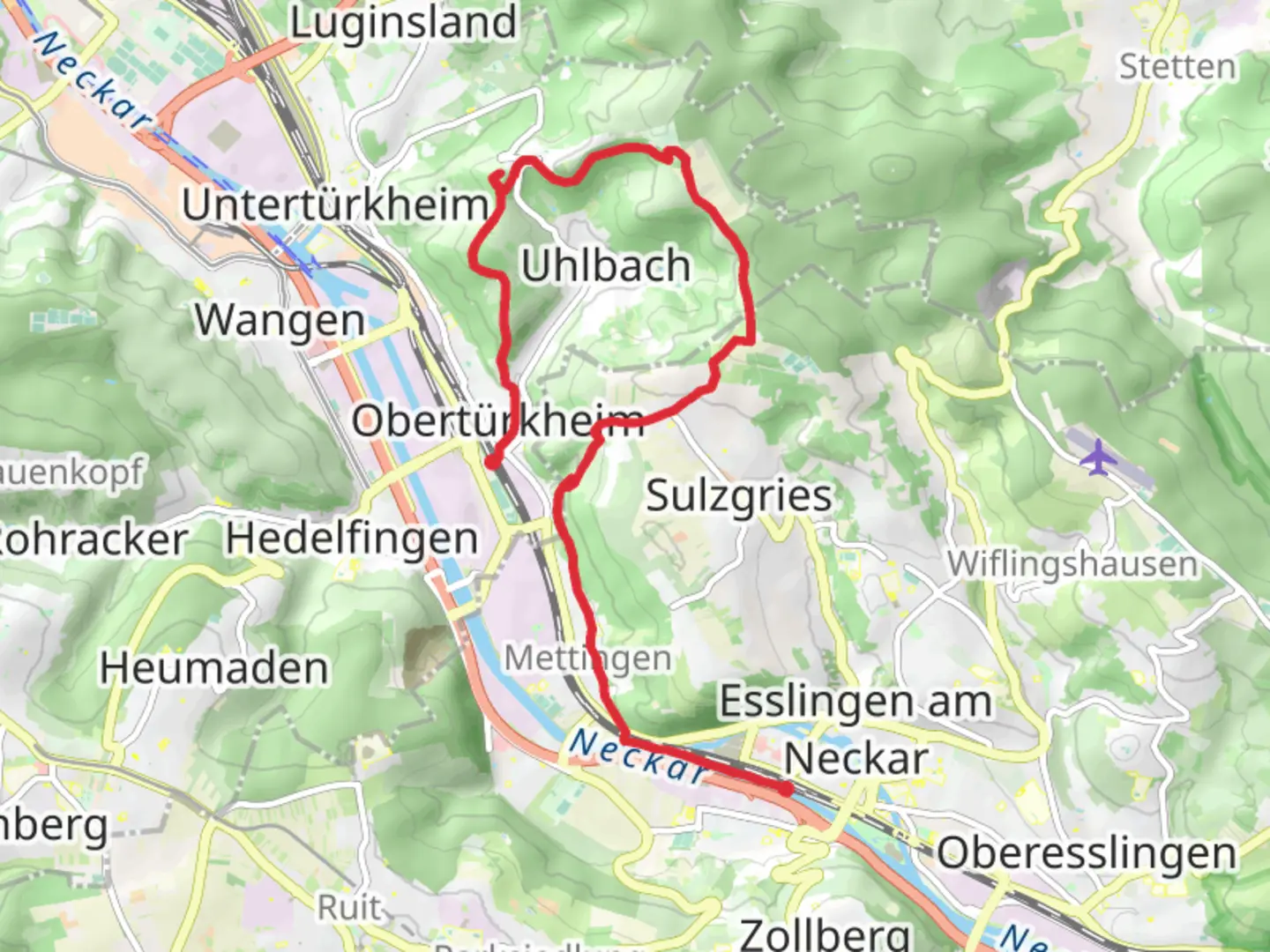 An image depicting the trail Esslingen to Stuttgart-Obertuerkheim via Blasiusweg and Häldes and its surrounding area.