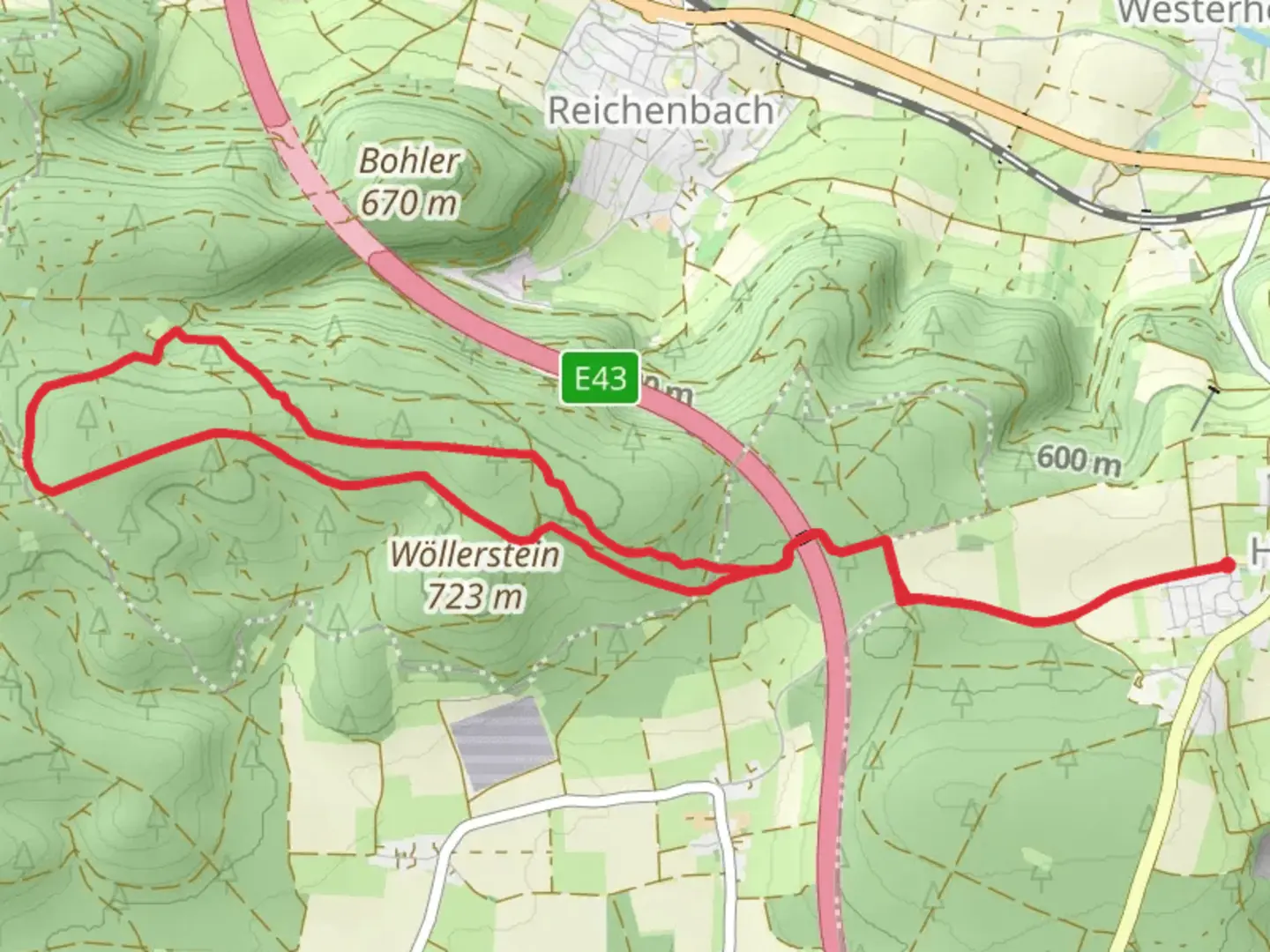 An image depicting the trail Wöllerstein and Winterhalde Loop and its surrounding area.