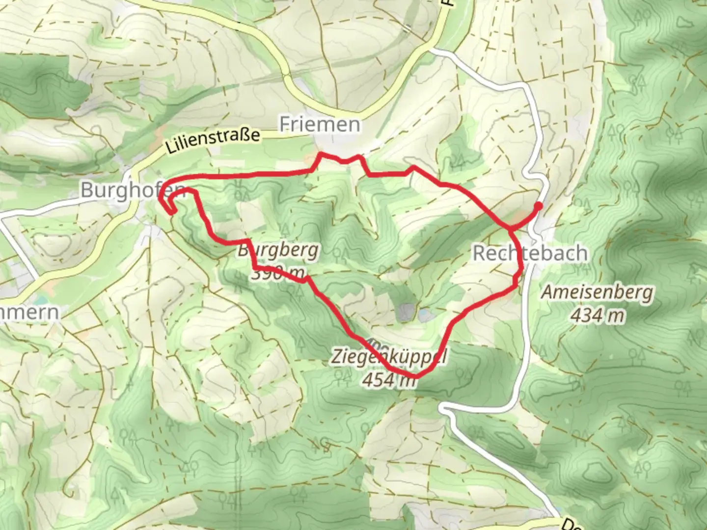 An image depicting the trail Ziegenkueppel via Rundweg Ziegenkueppel and its surrounding area.