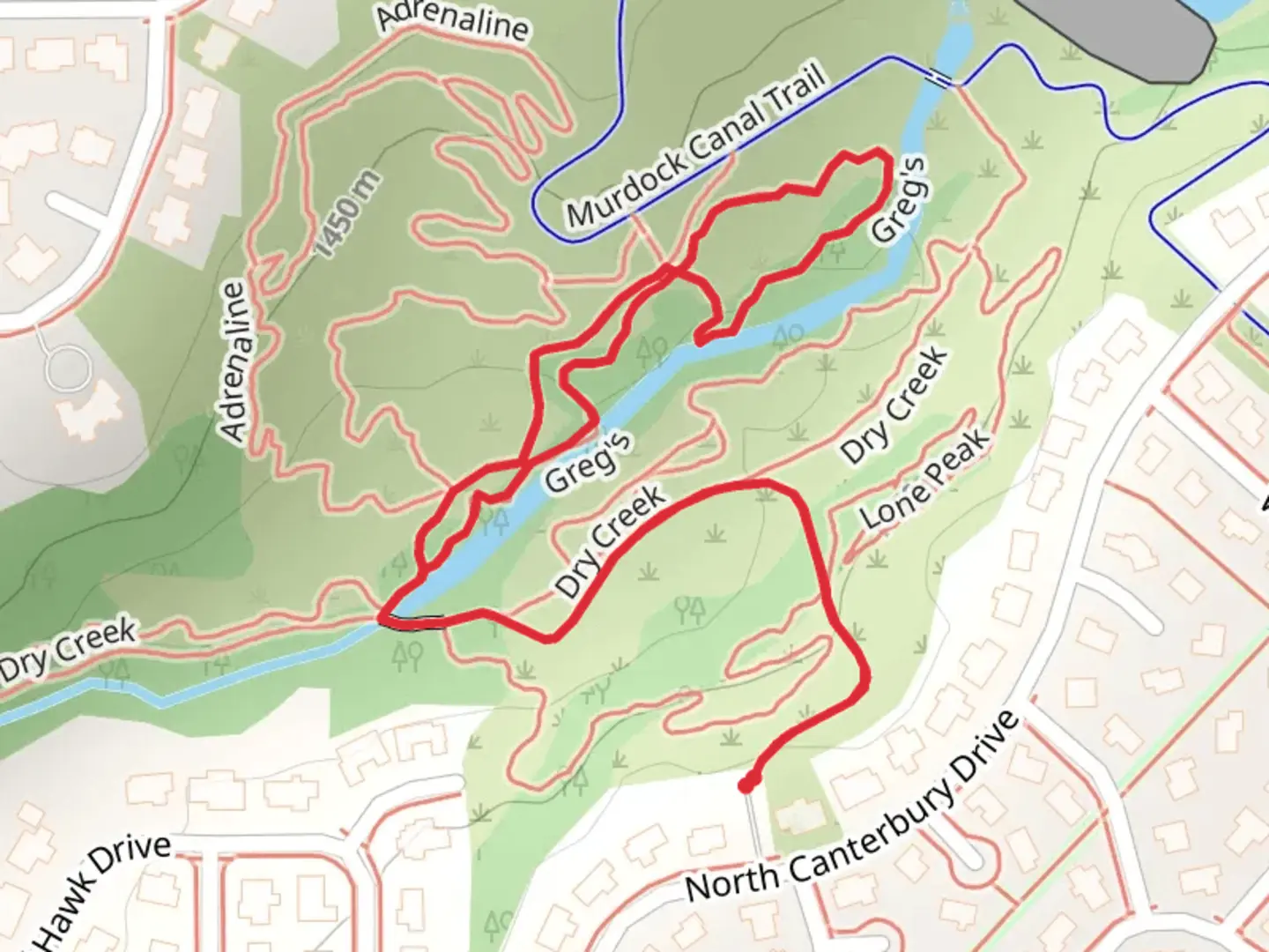 An image depicting the trail Dry Creek and Greg's Loop and its surrounding area.