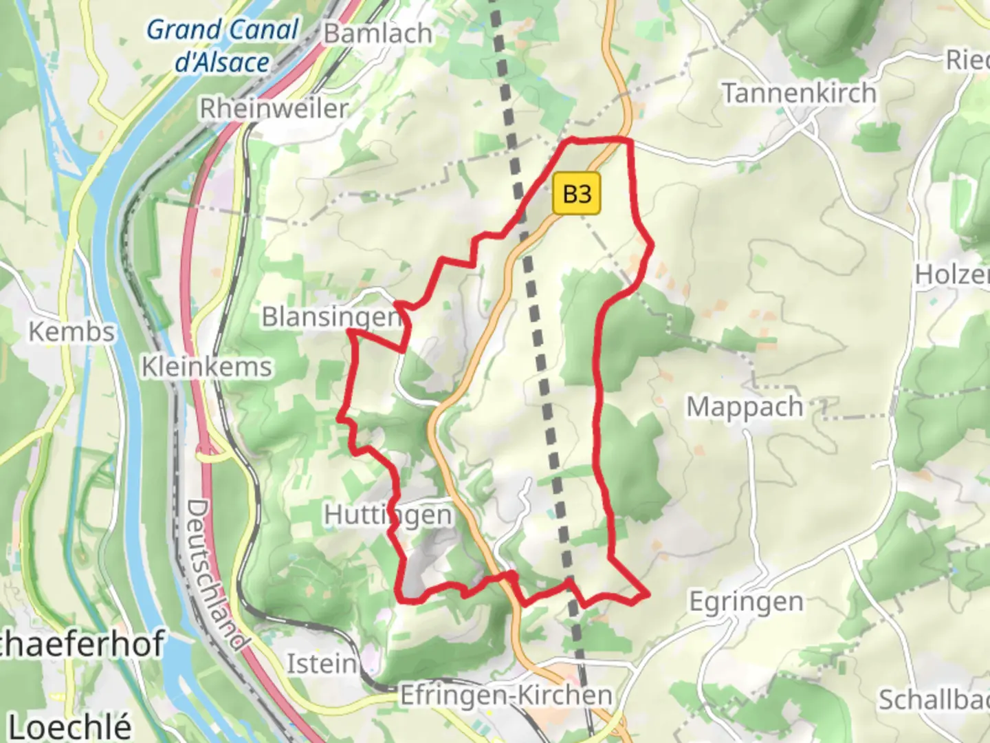 An image depicting the trail Huttingen Loop and its surrounding area.