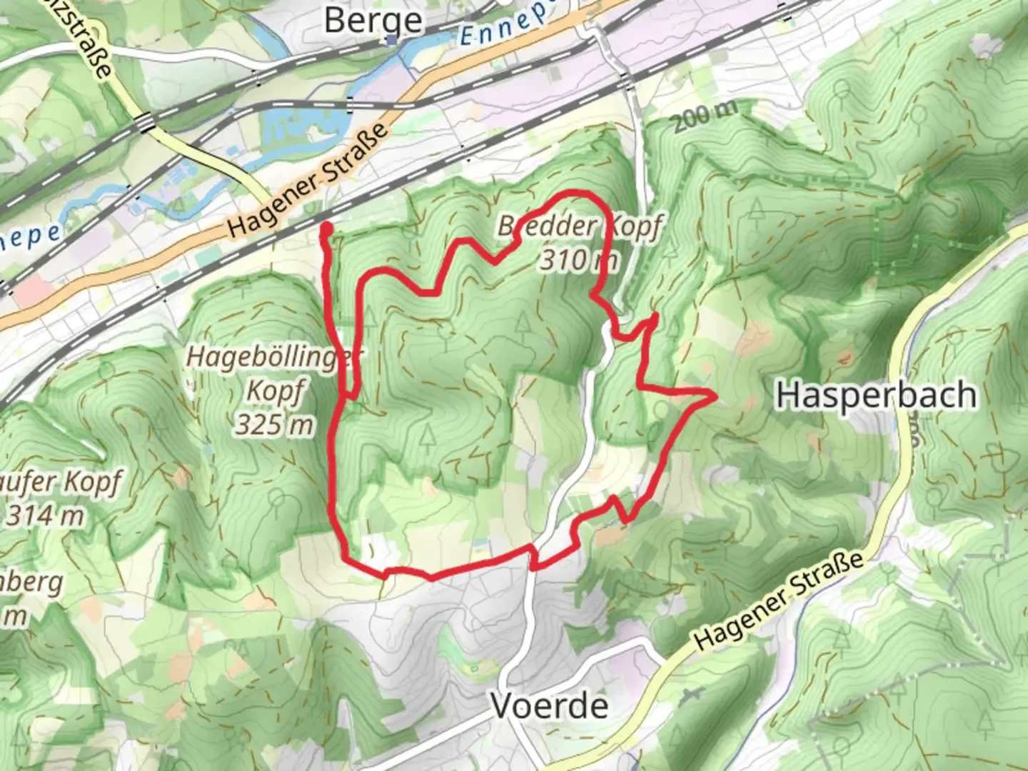 An image depicting the trail Jellinghausen to Volkssternwarte Ennepetal Loop via Jellinghausen Weg and its surrounding area.