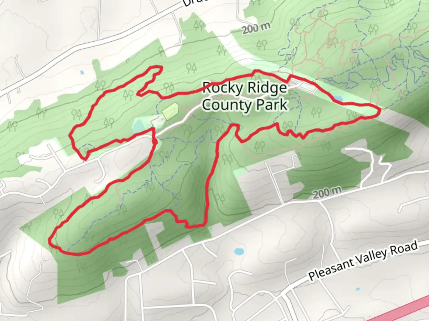 An image depicting the trail Rocky Ridge Court and Rocky Ridge Baseball Diamond Loop and its surrounding area.