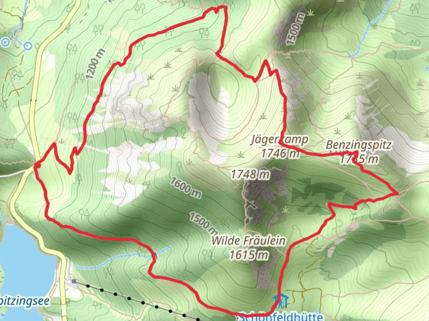 An image depicting the trail Jaegerkamp, Benzingspiltz via Alpina Purple and its surrounding area.