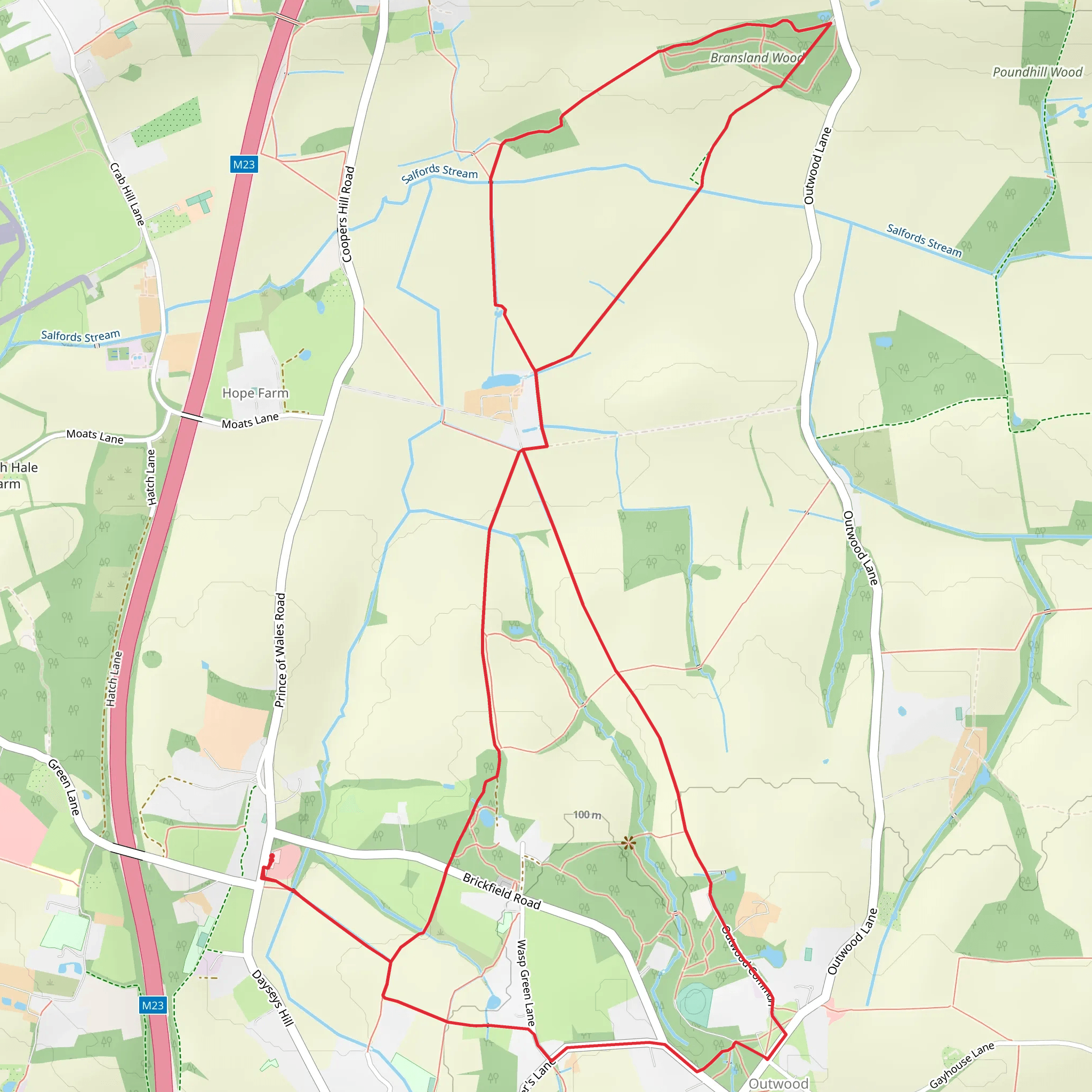 Outwood Common Country Park and Bransland Wood Loop mobile static map