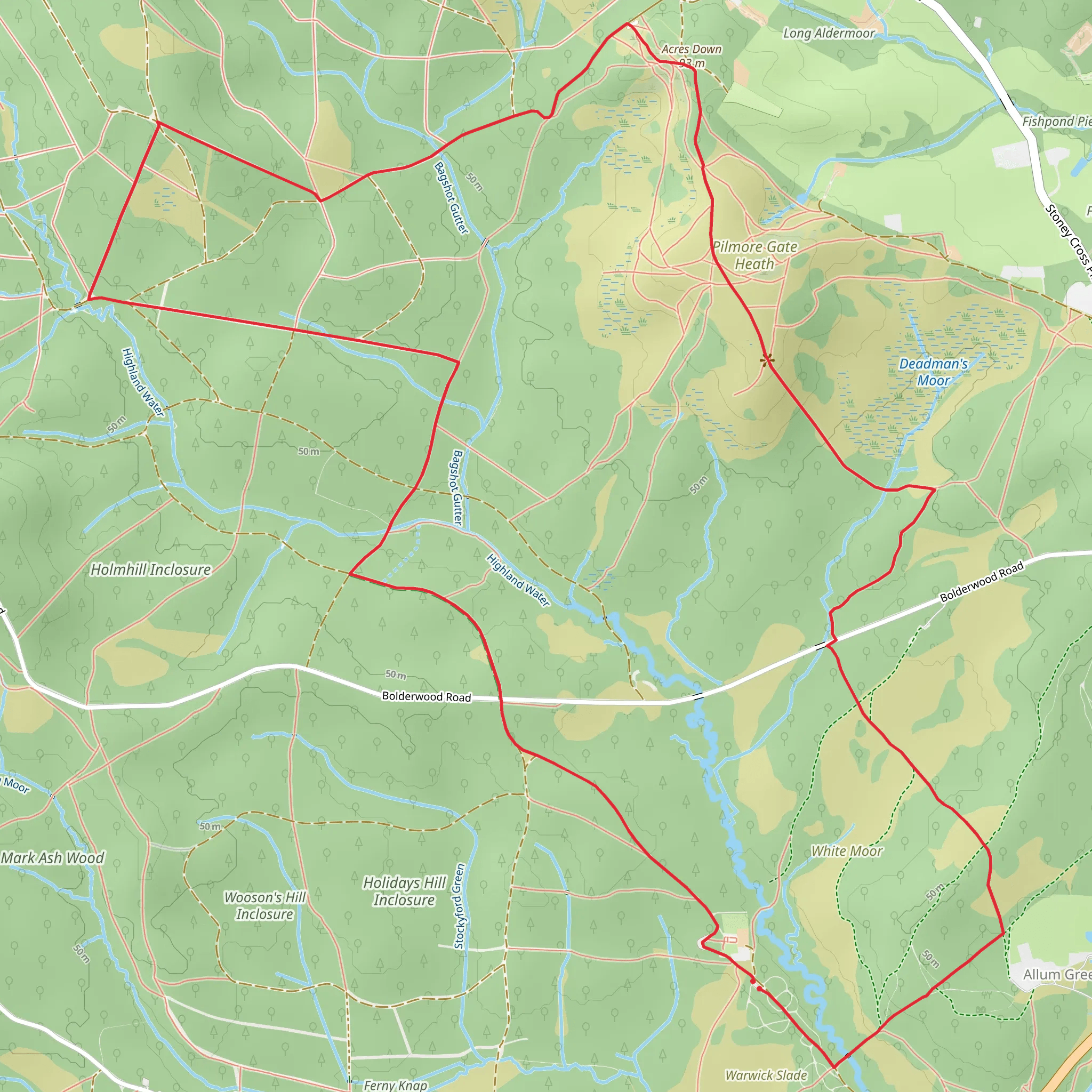 Highland Water Inclosure and Holidays Hill Loop mobile static map