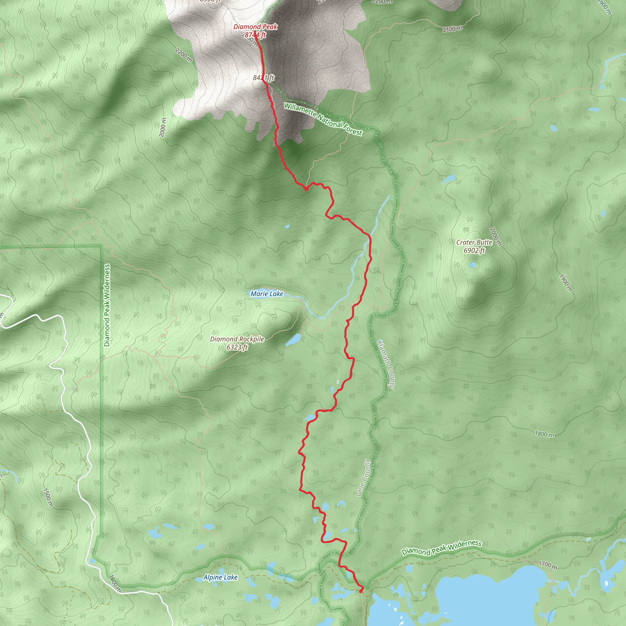 Diamond Peak via Pacific Crest Trail mobile static map