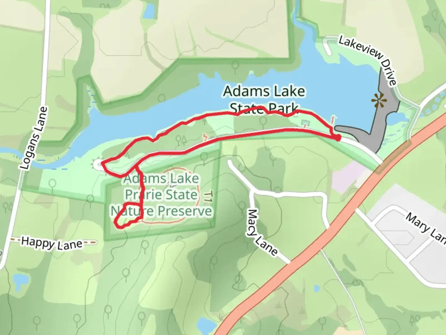 An image depicting the trail Adams Lake State Park Loop and its surrounding area.