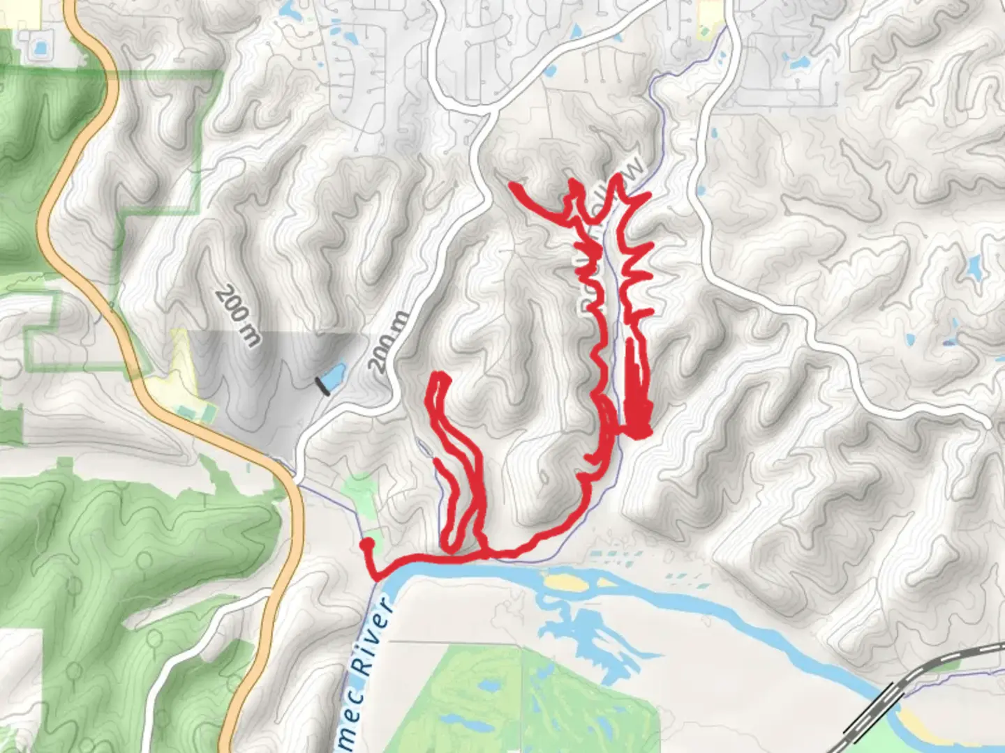 An image depicting the trail Rock Hollow Greenway, Bluff View Trail and Zombie Trail and its surrounding area.