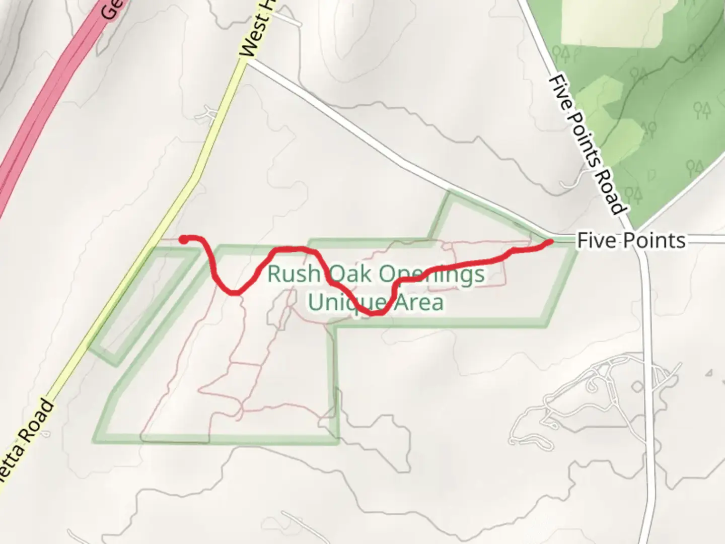 An image depicting the trail Rush Oak Trail and its surrounding area.