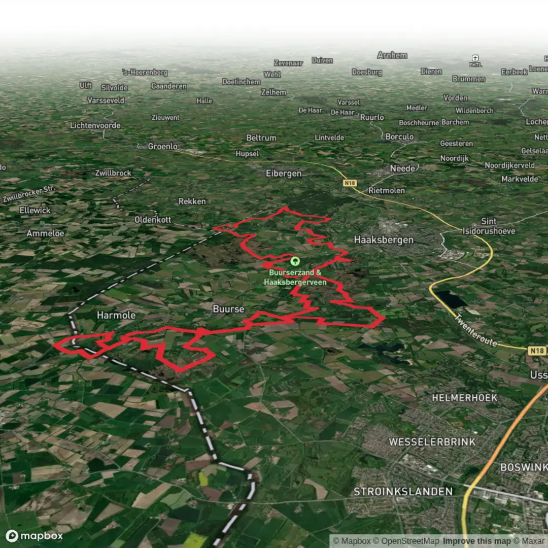 An image depicting the trail Buurserzand, Witte Veen and Haaksbergerveen via Aamweg and Turfweg and its surrounding area.