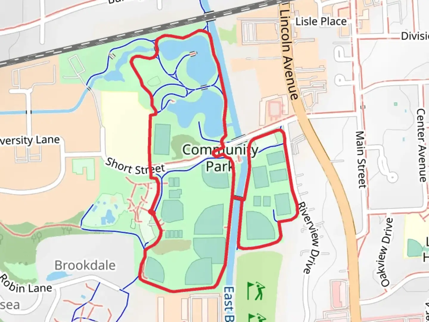 An image depicting the trail Community Park and East Branch DuPage River Loop and its surrounding area.