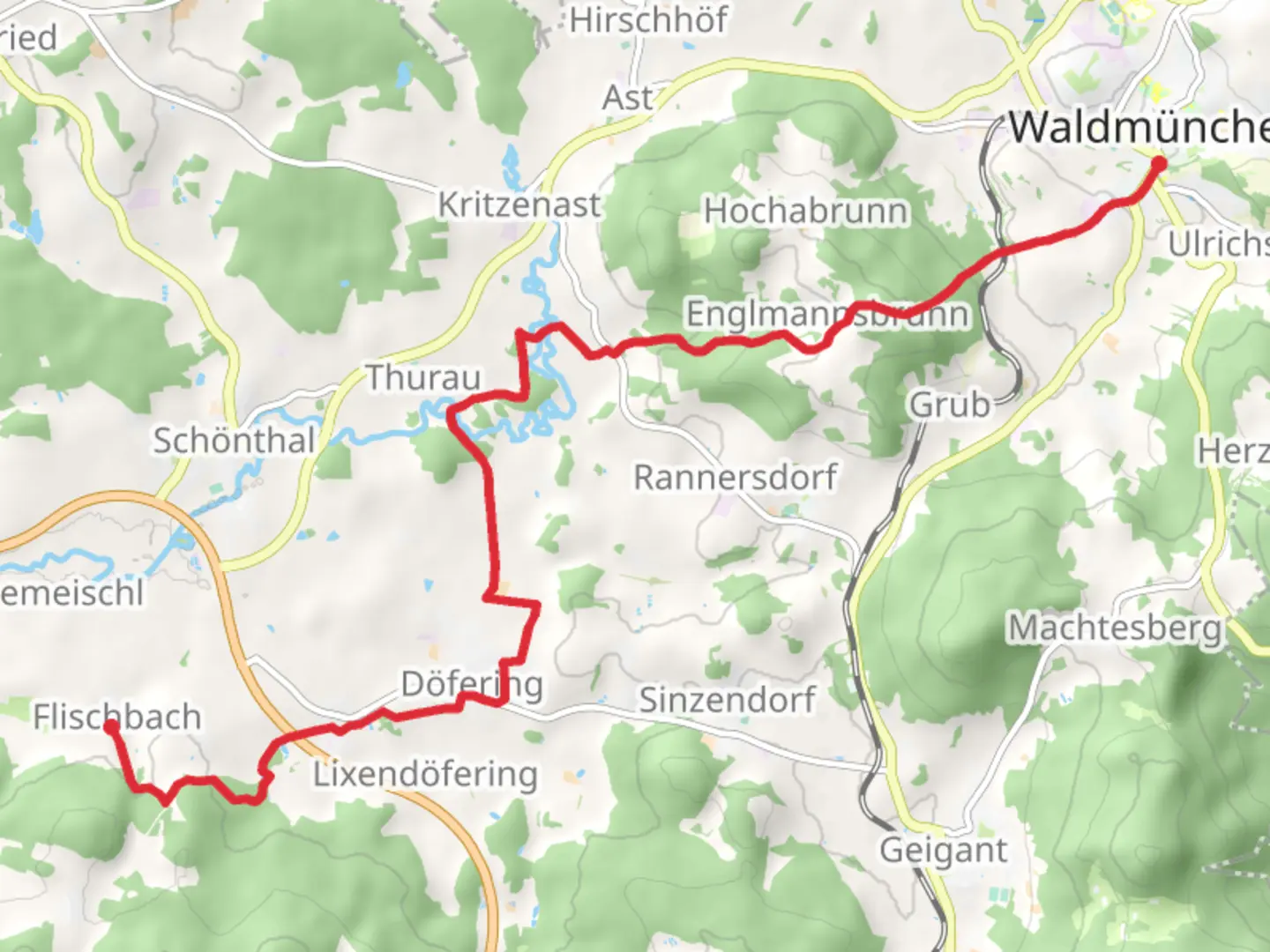 An image depicting the trail Flischbach to Waldmünchen via Goldsteig and its surrounding area.