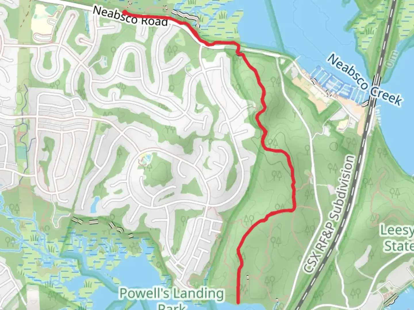 An image depicting the trail Neabsco Road and Powells Creek Trail and its surrounding area.