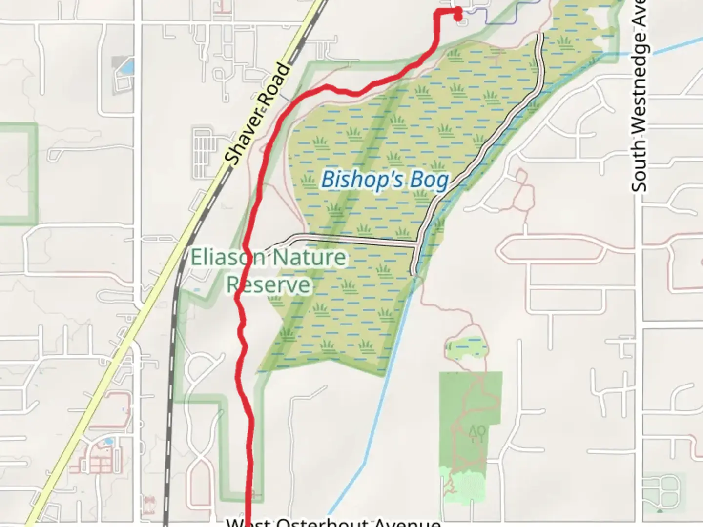 An image depicting the trail Eliason Nature Reserve and its surrounding area.