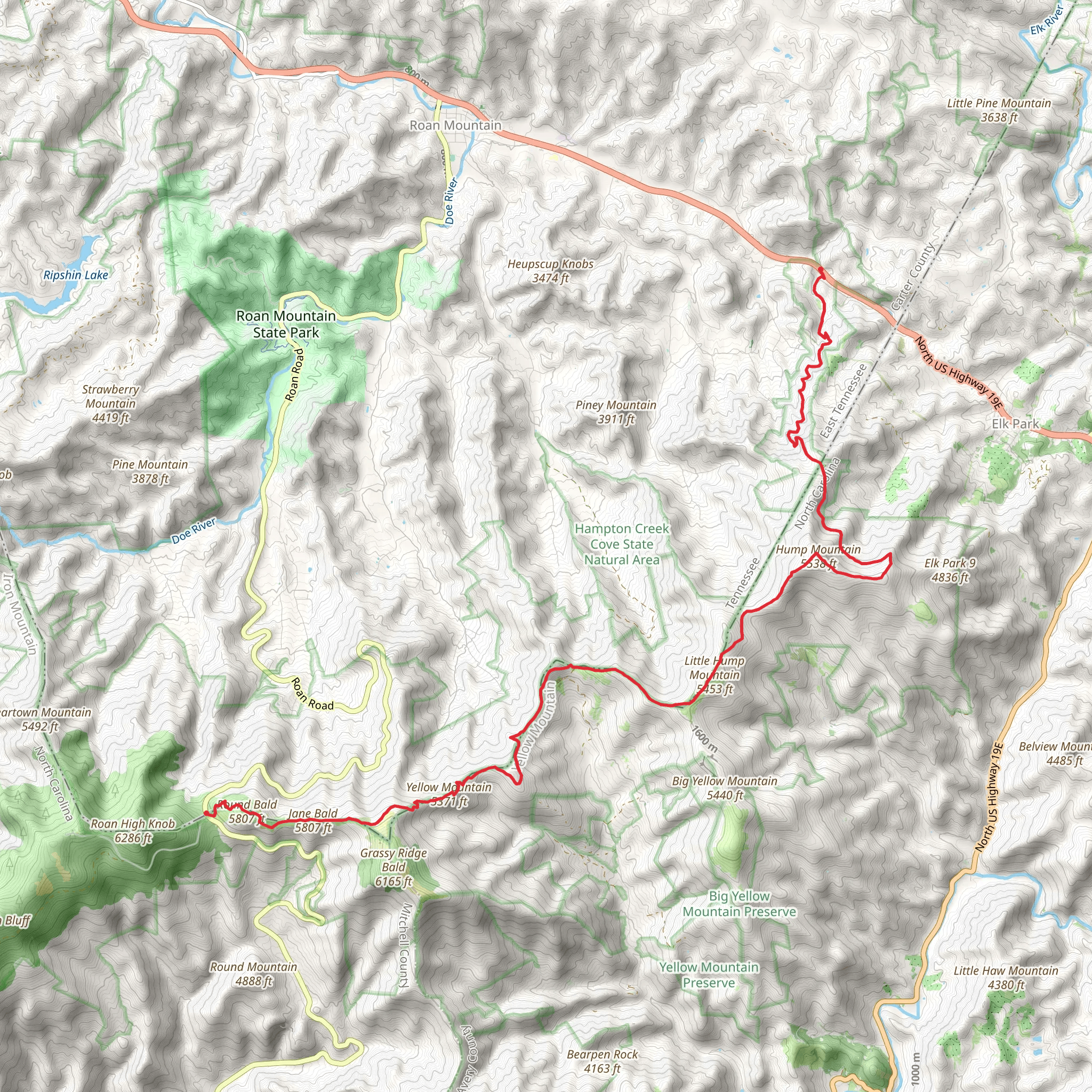 Yellow Mountain, Little Hump Mountain and Hump Mountain via Appalachian Trail mobile static map
