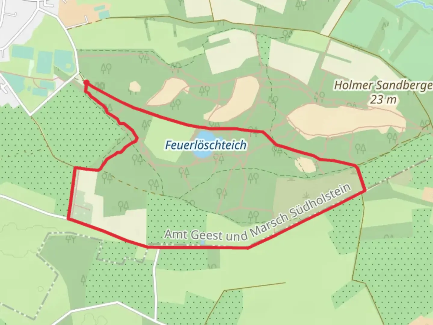 An image depicting the trail Feuerlöschteich, Katastrophen Weg and Holmer Grenzweg Loop and its surrounding area.