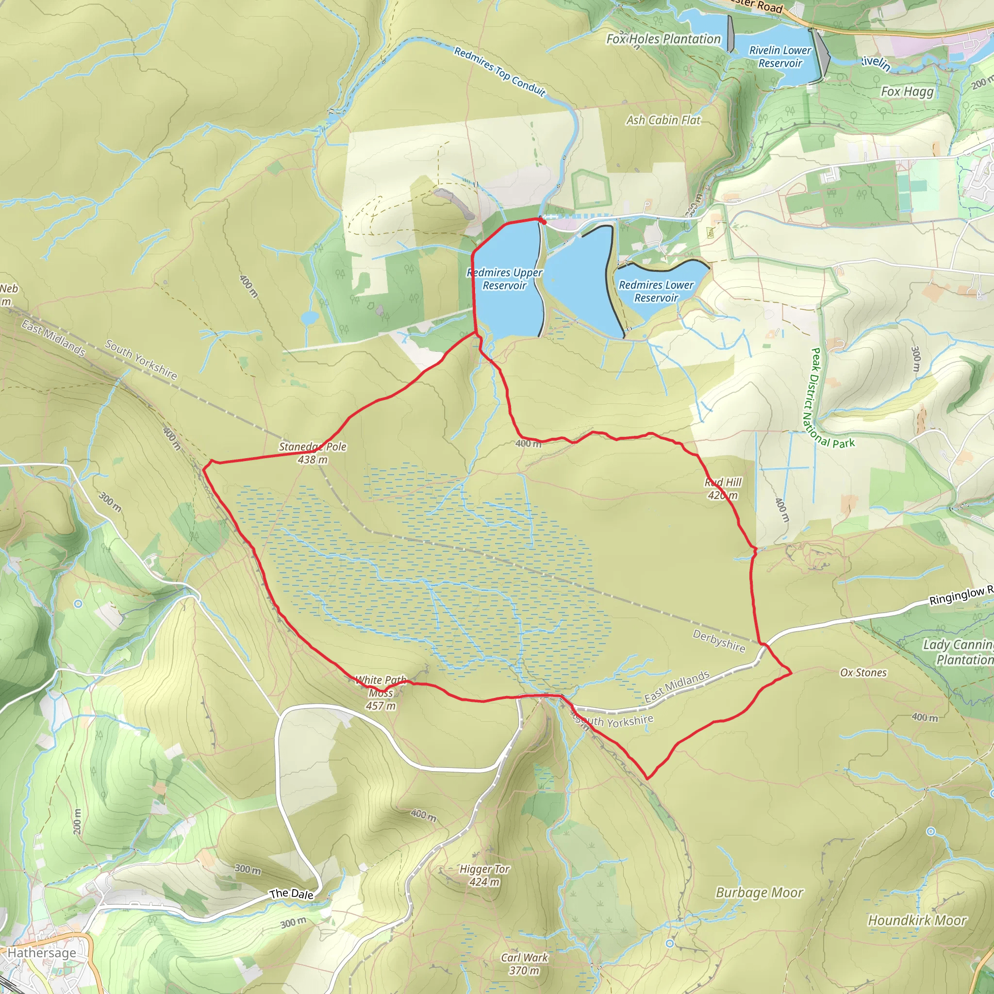 Redmires Upper Reservoir, Stanedge Pole and White Path Moss Loop mobile static map