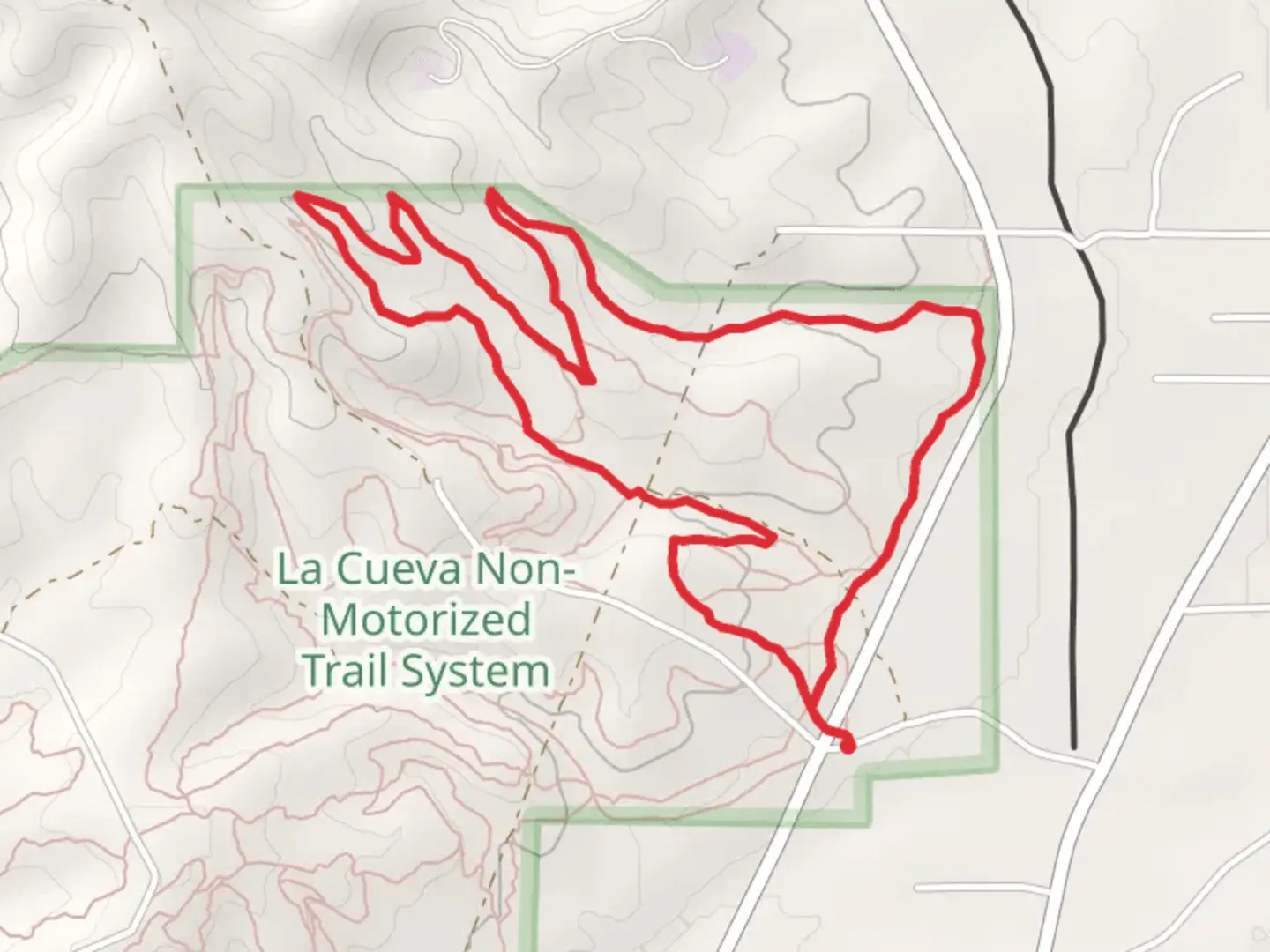 An image depicting the trail La Cueva and Erosion Gulch Loop and its surrounding area.