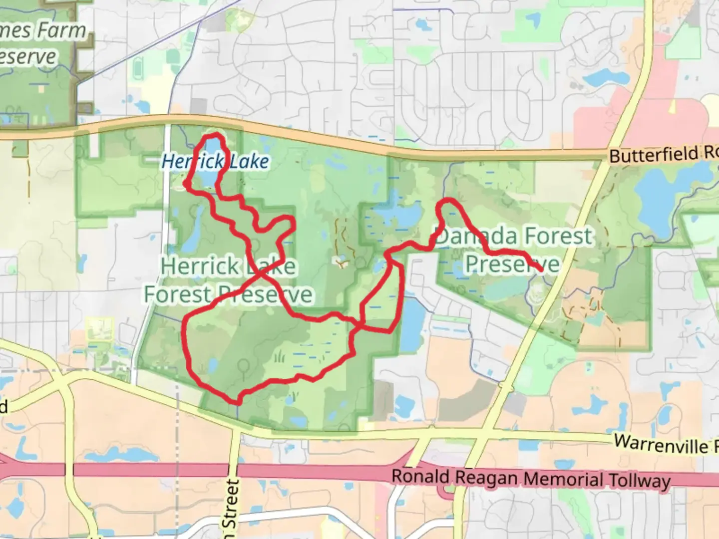 An image depicting the trail Herrick Lake, Meadowlark, Green Heron Loop Trail and its surrounding area.