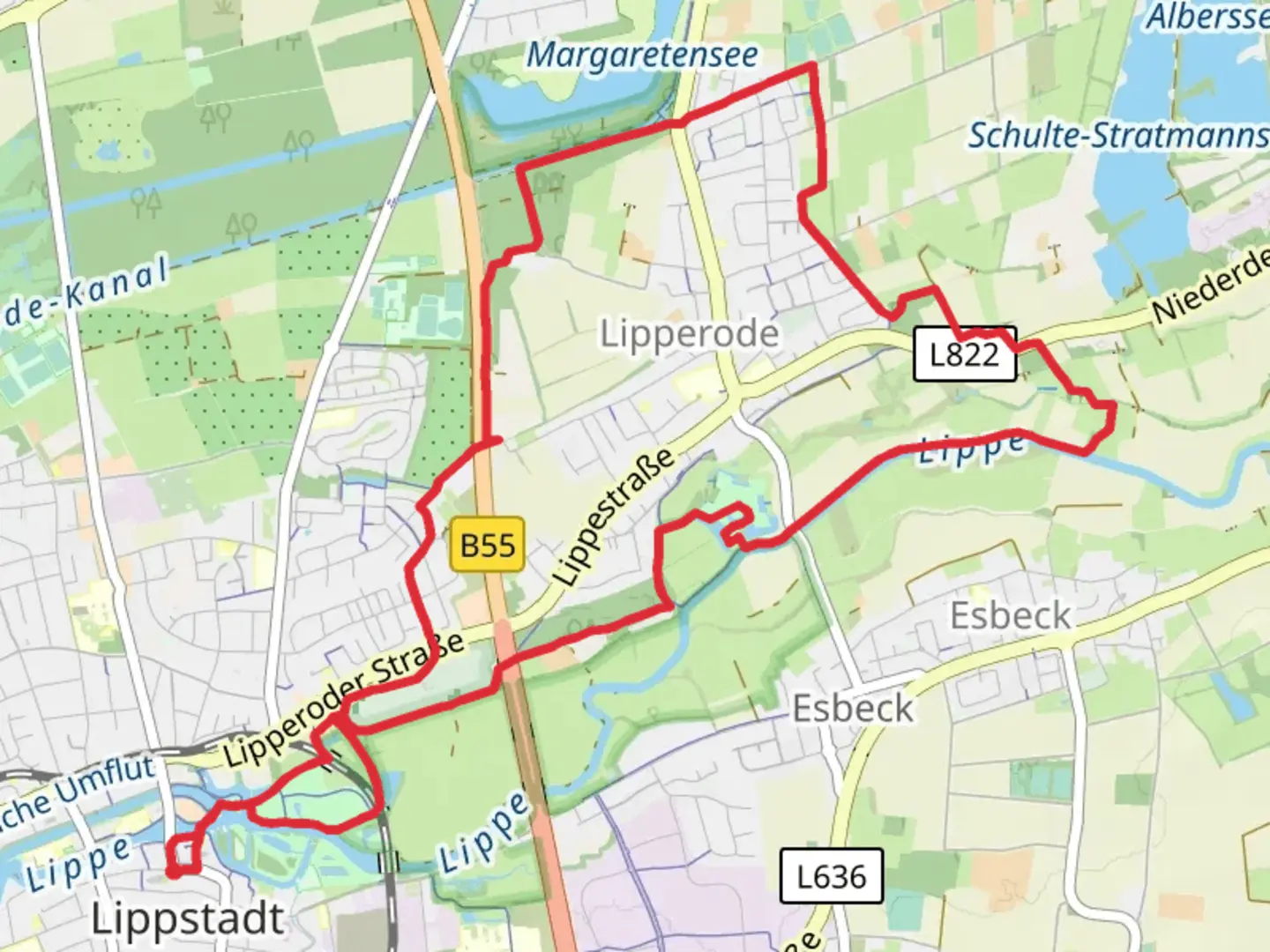 An image depicting the trail Boker Heide Kanal and Wassergraben via Graf Bernhard Weg and its surrounding area.