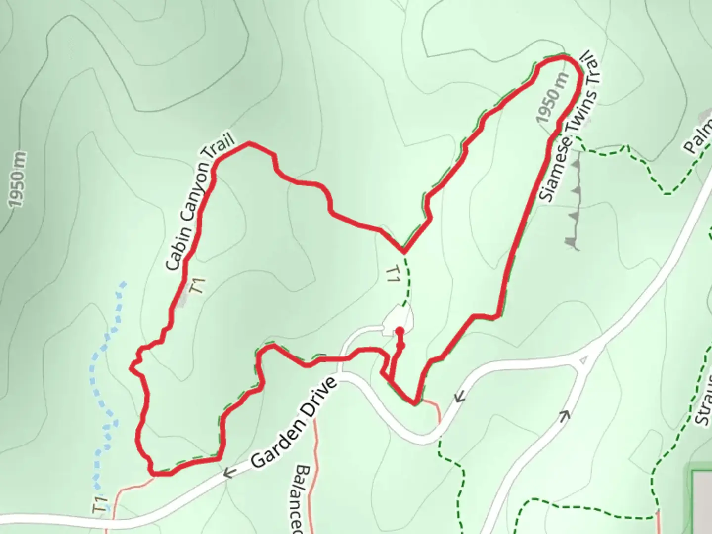 An image depicting the trail Siamese Twins and Cabin Canyon Loop Trail and its surrounding area.
