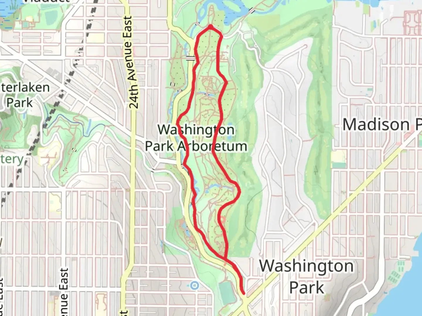 An image depicting the trail Arboretum Loop Trail and Arboretum Drive East and its surrounding area.