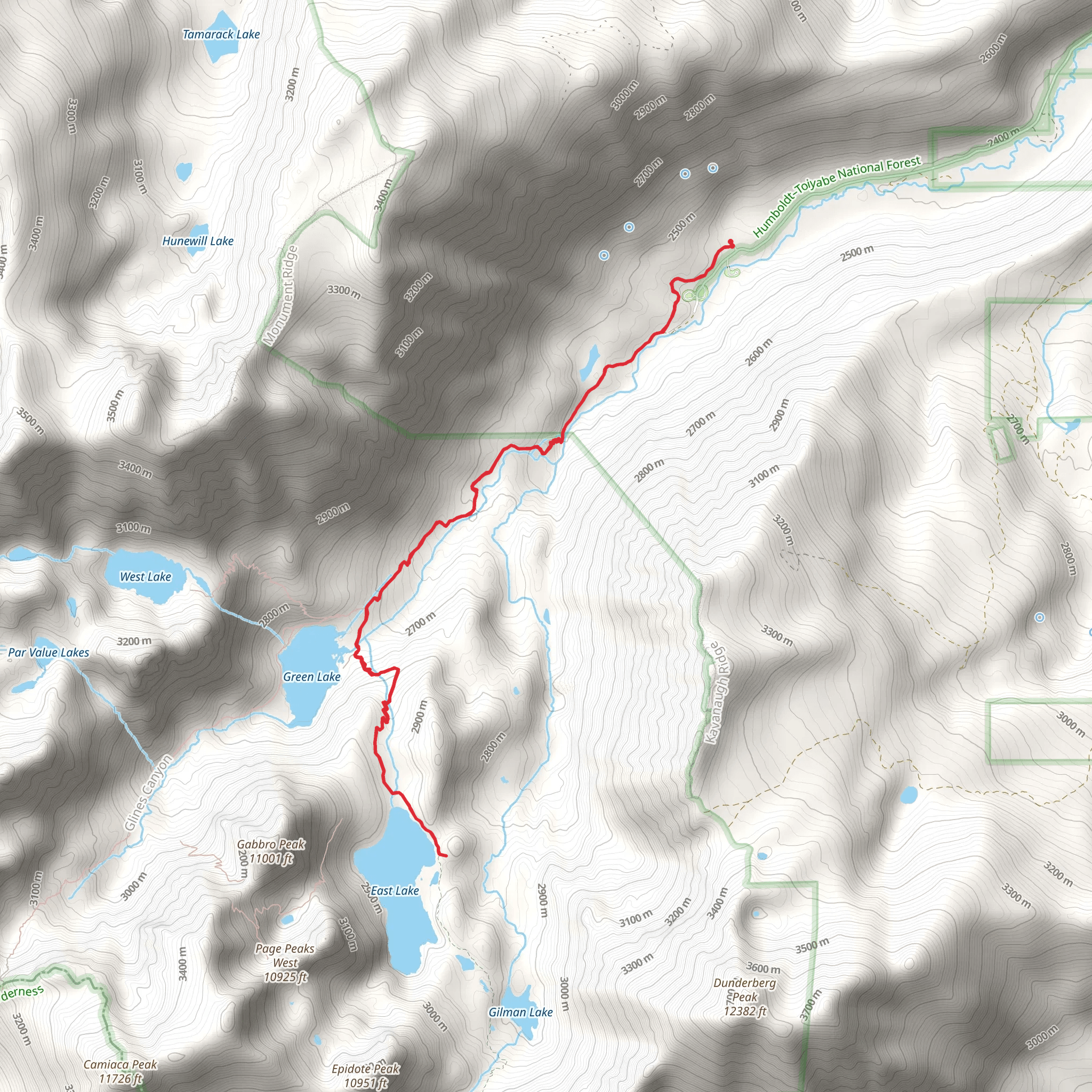 Green and East Lake via West Fork Green Creek mobile static map