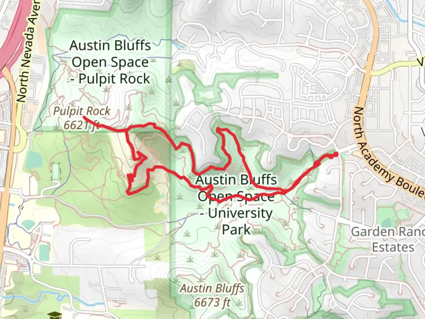 An image depicting the trail Pulpit Rock Trail, Cottonwood Creek Trail and Ute Valley Park Trail and its surrounding area.