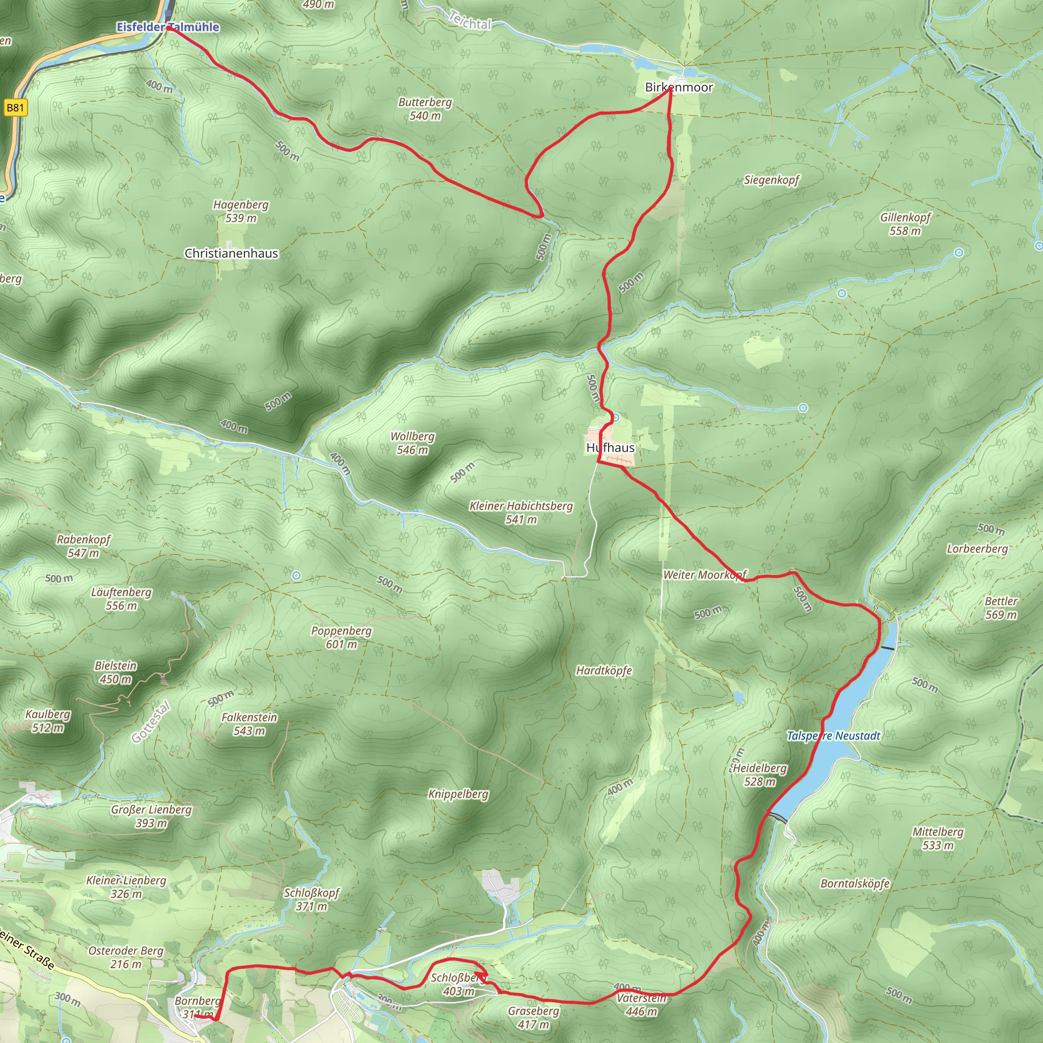 Talsperre Neustadt and Bornberg Walk via Südharzer Dampflok Steig - Eisfelder Talmühle mobile static map