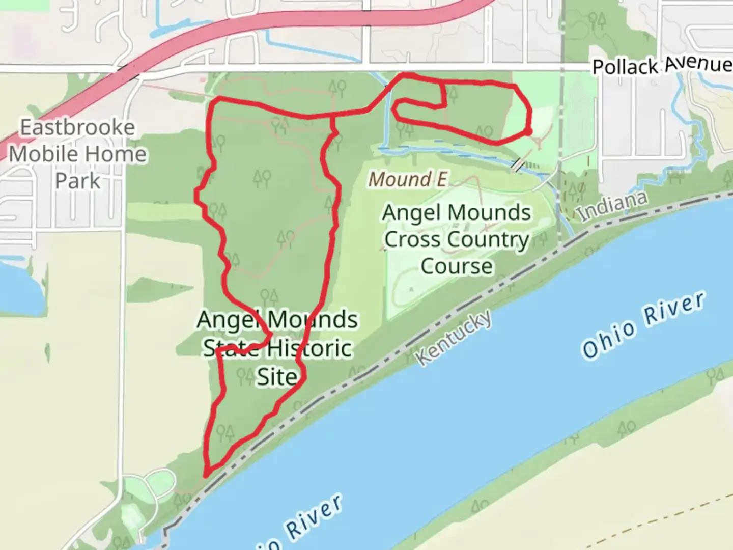 An image depicting the trail Angel Mounds Outer Loop and Martin Trail and its surrounding area.