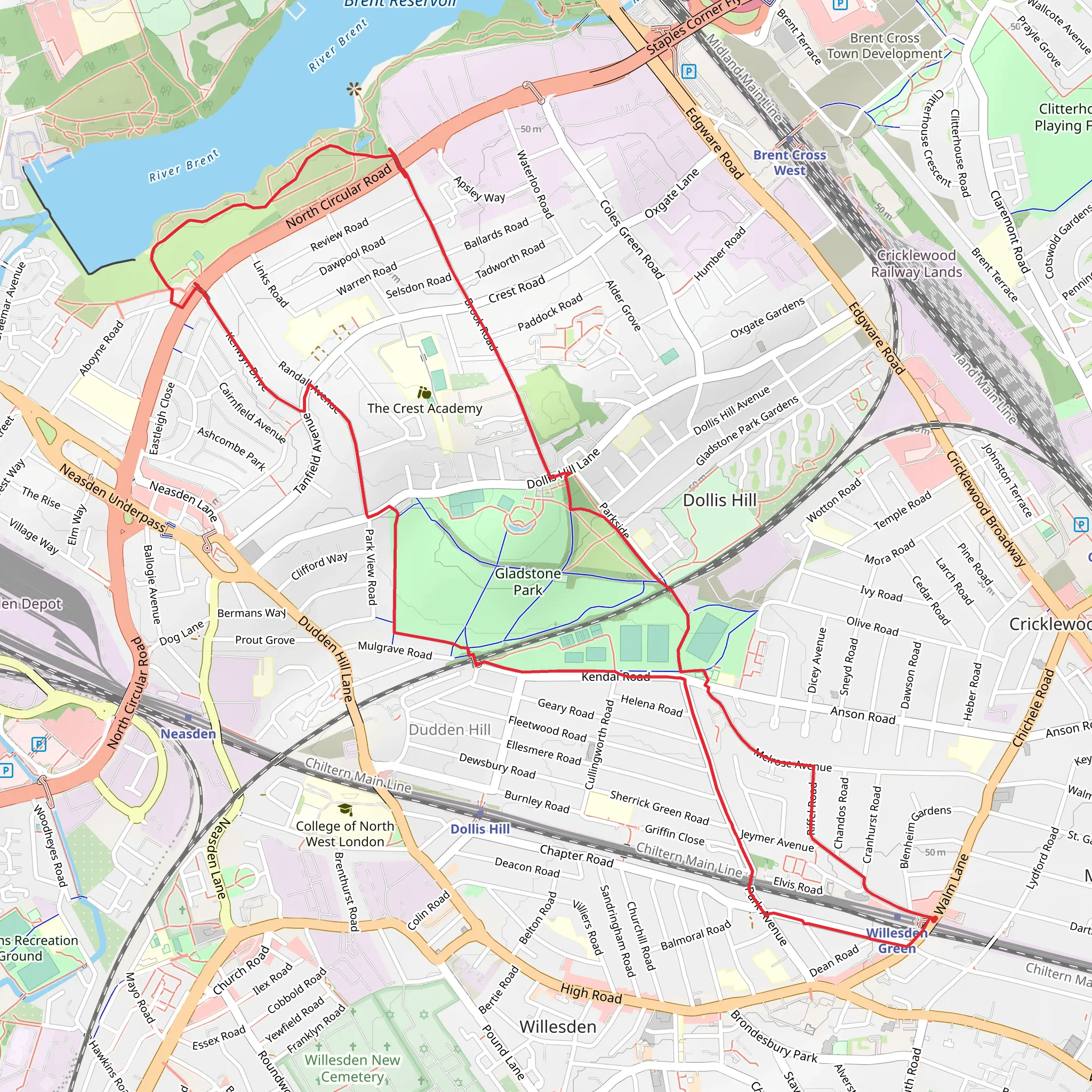 Gladstone Park and Brent Reservoir Loop mobile static map