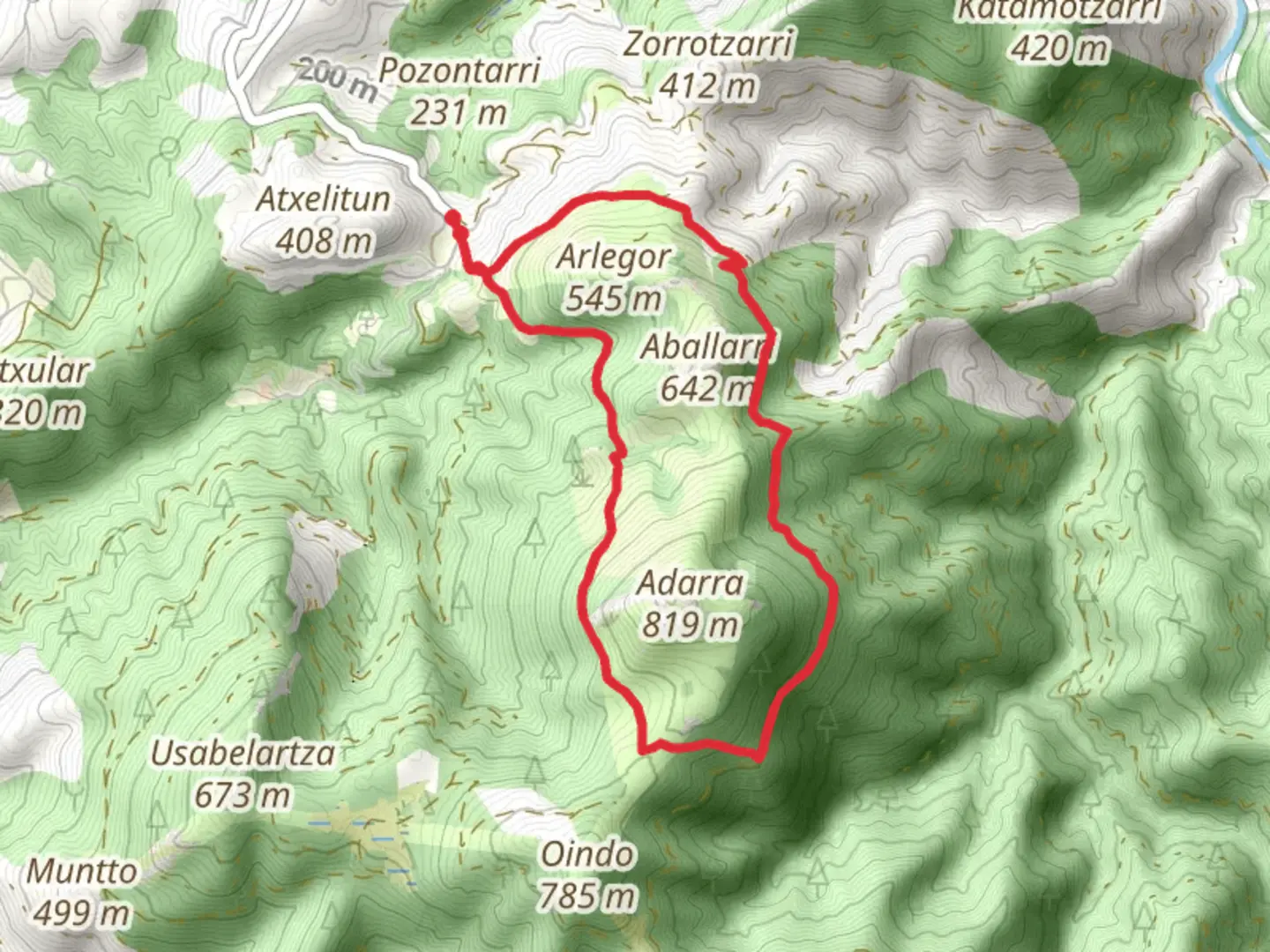 An image depicting the trail Surrounding Adarramendi PR GI 203 and its surrounding area.