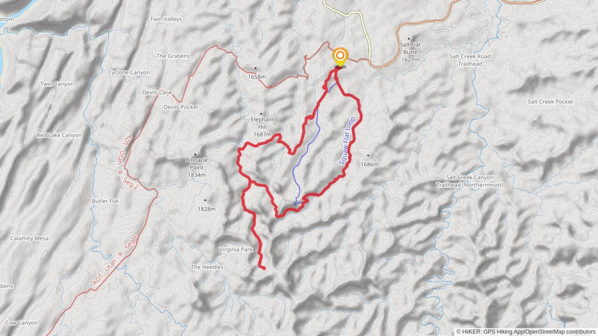 An image depicting the trail Big Spring to Elephant Canyon TrailSquaw Flat Trail and its surrounding area.