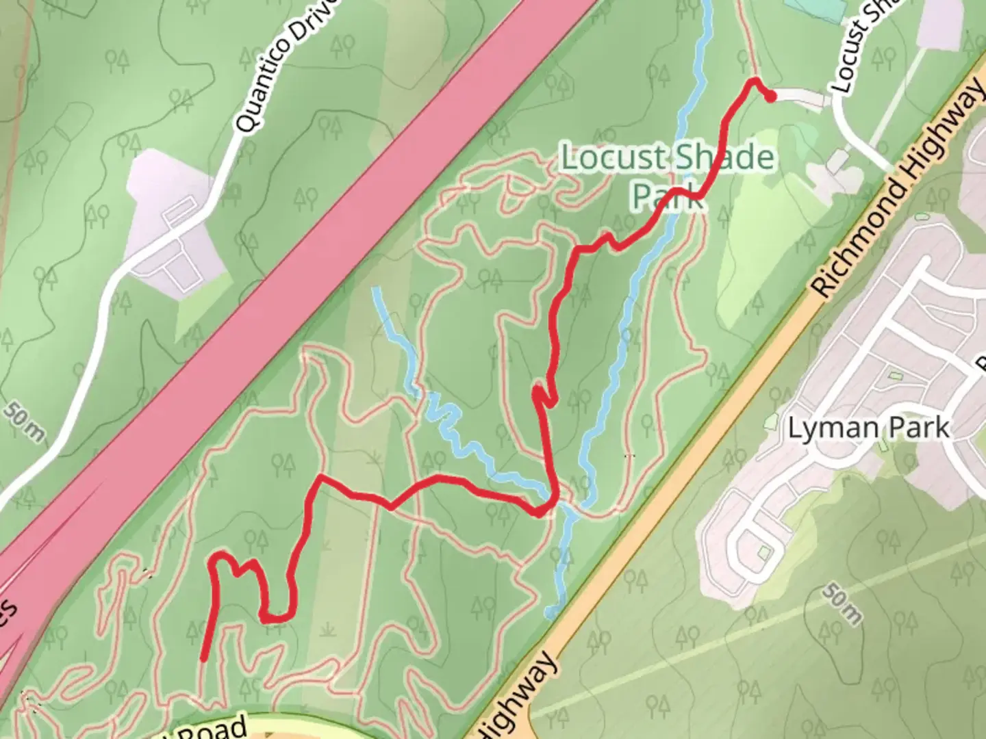 An image depicting the trail John Palmer Trail - Short from Richmond Highway and its surrounding area.