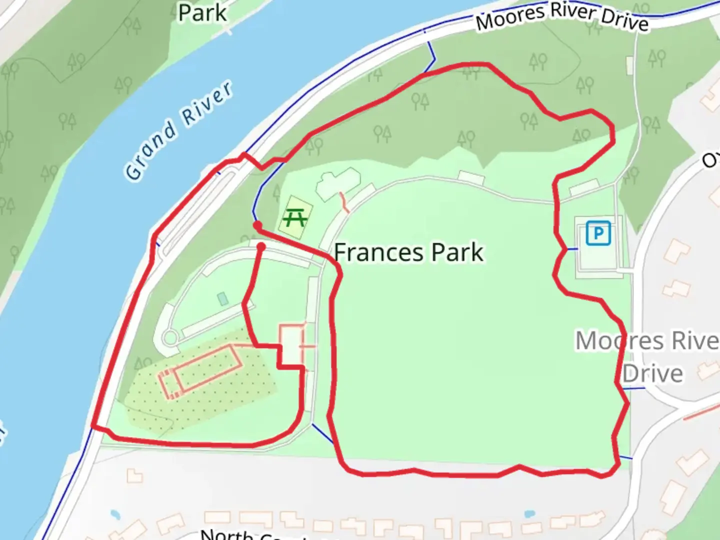 An image depicting the trail Frances Park Loop and its surrounding area.