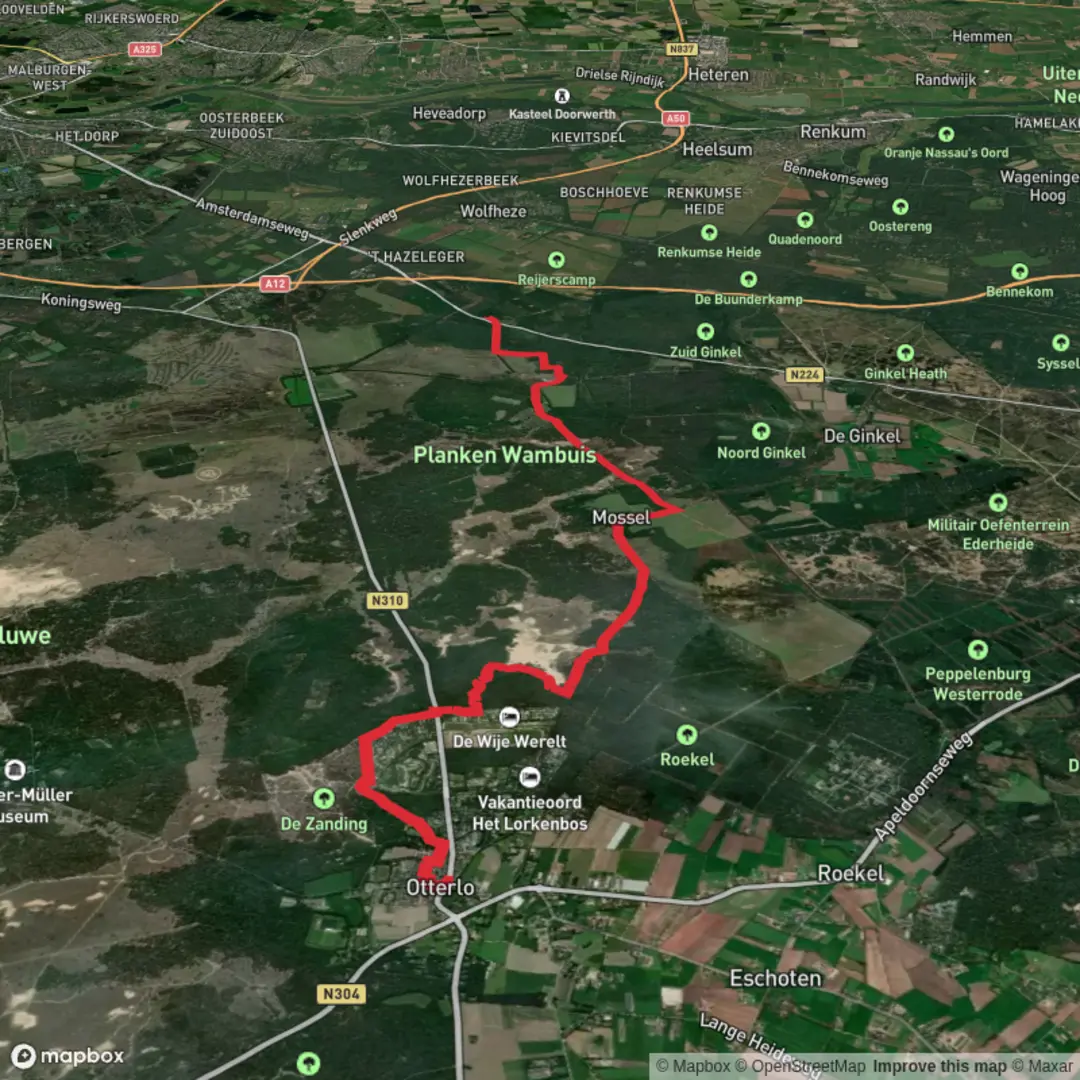 An image depicting the trail De Zanding, Otterlose Buurtbos and Oud Reemsterhei and its surrounding area.