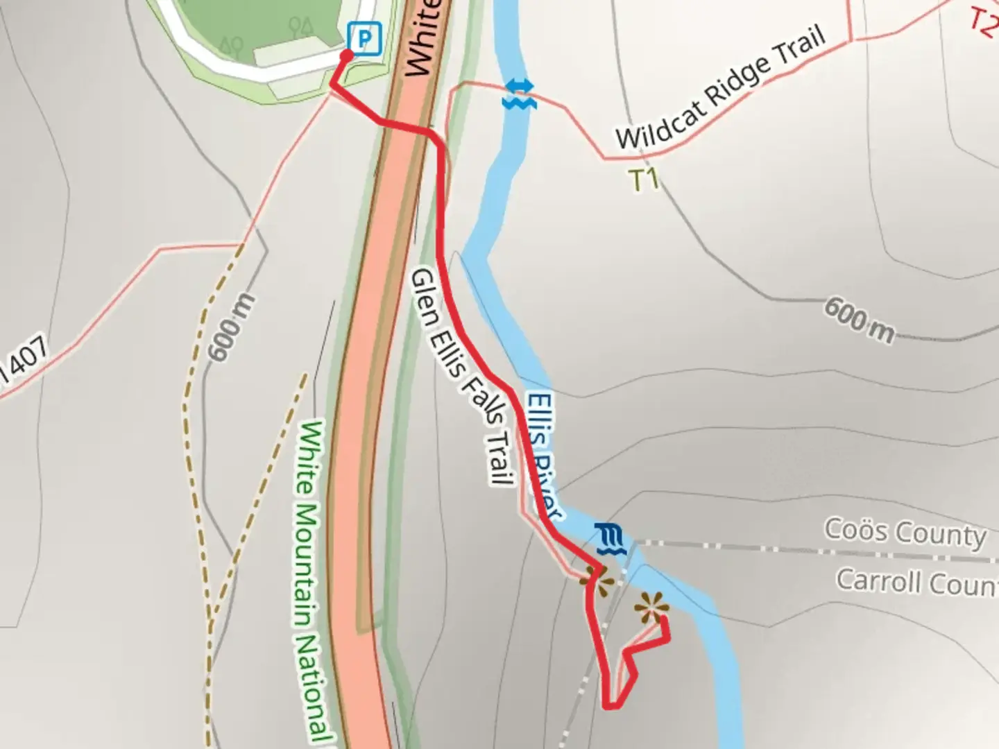 An image depicting the trail Glen Ellis Falls Trail via Ellis River and its surrounding area.