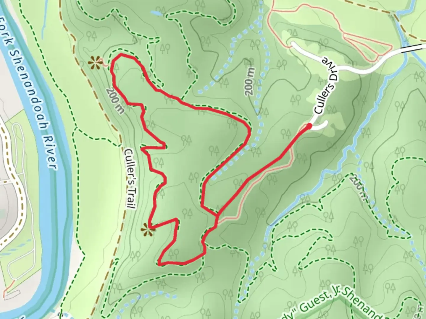 An image depicting the trail Big Oak Trail-Easy Loop and its surrounding area.